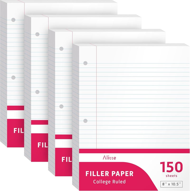 Alitte Loose Leaf Paper, College Ruled, 600 Sheets (150/Pack) Filler Paper for Writing Notes - School, College, Office 3 Hole-Punch Lined Sheets for Ring Binders, Pocket Folders - White, 8 x 10.5 - Image 1
